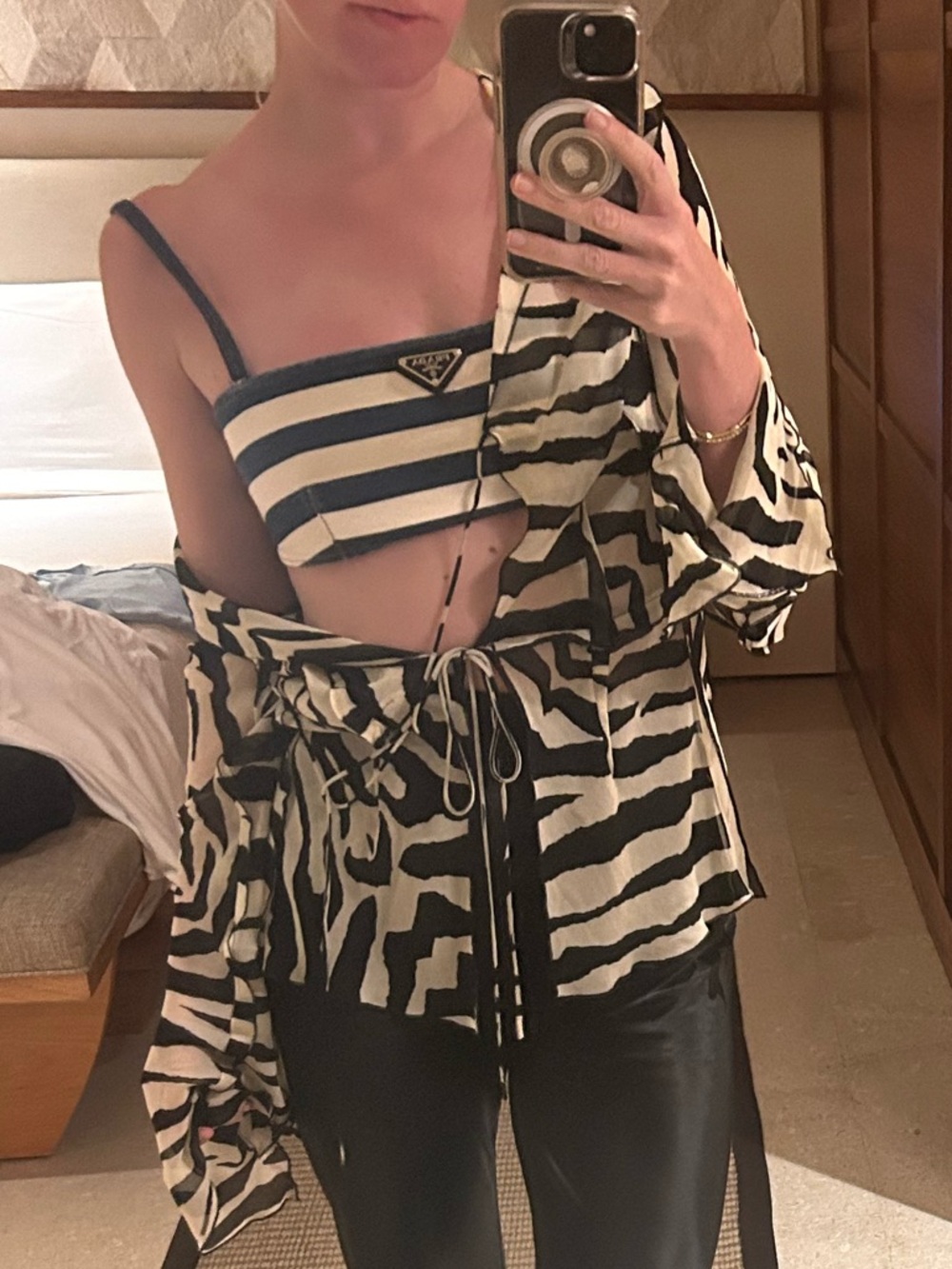 Prada Navy and Cream Striped Bralette with Logo